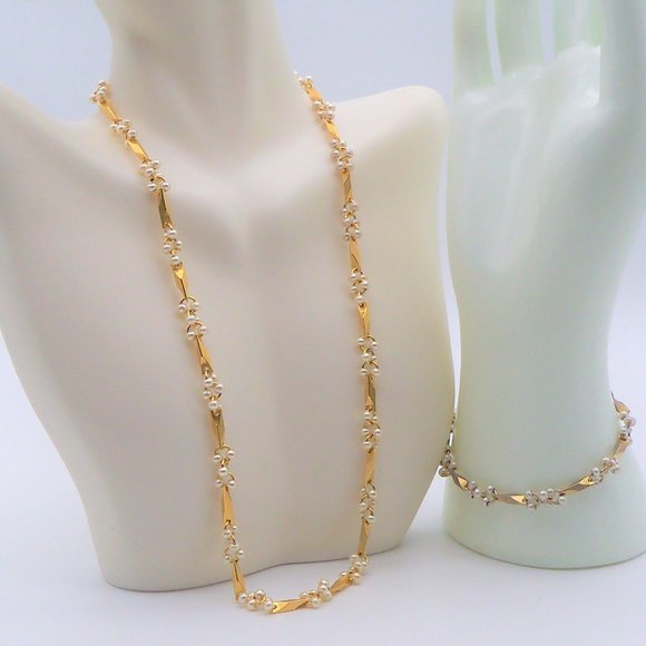 Small Pearls Gold Tone 3 Strand Necklaces and Bracelet Set - Picture 9 of 16